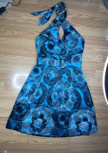 Etcetera Halter Peephole Y2K Dress Women’s Size 0 - Blue Flower Design - Belt - Picture 1 of 9