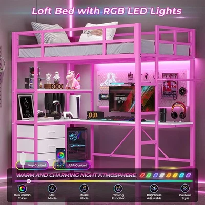 Twin Metal Loft Bed with LED Lights,Charging Station,L-Shaped Desk,Fabric Drawer - Image 1 of 4