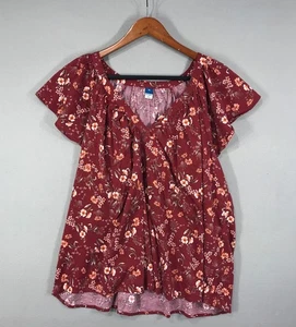 Old Navy Top Women's XL Red Floral Popover Blouse V-Neck Flutter Boho Peasant - Picture 1 of 10