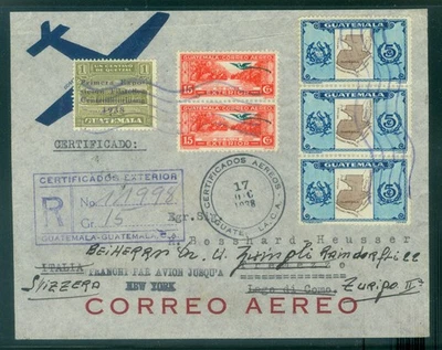 CORREO AÉREO GUATEMALA 1938 - cubierta registrada con embalaje original sellos redirigidos a ITALIA Foto 1 de 2