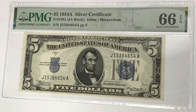 1934A $5 Silver Certificate PMG 66 Gem Uncirculated EPQ Fr#1651 JA Block - Image 1 of 2