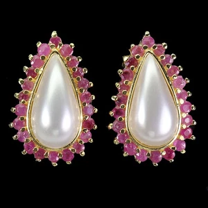 925 Sterling Silver Earrings Round Ruby Mother Of Pearl Gemstone Jewelry - Picture 1 of 14