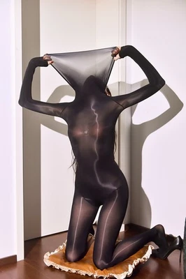 Mujeres Hombres Cuello Alto Aceitoso Brillante Sin Costuras Body Gato Foto 1 de 4