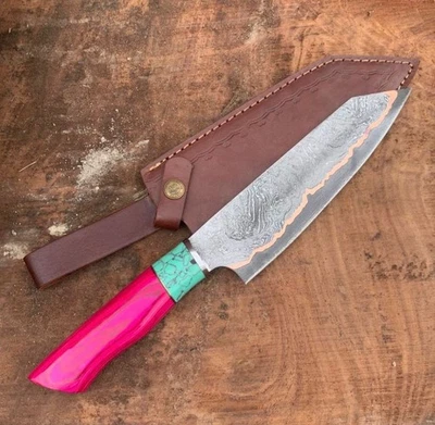 Cuchillo de Chef Damasco Hecho a Mano Cobre - Mango Turquesa con Funda de Cuero Foto 1 de 4