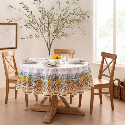 ELRENE Capri Lemon Fabric Tablecloth Double-Bordered Round 70x70 Inches Summer