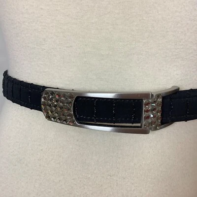 Vintage B.B. Simon Black Fabric Rhinestone Silver Buckle Evening Belt - Image 1 of 4