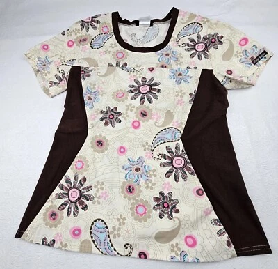 Cherokee Ladies Size Small Pullover Scrub Top Stretch Sides Tan Paisley & Floral - Image 1 of 4
