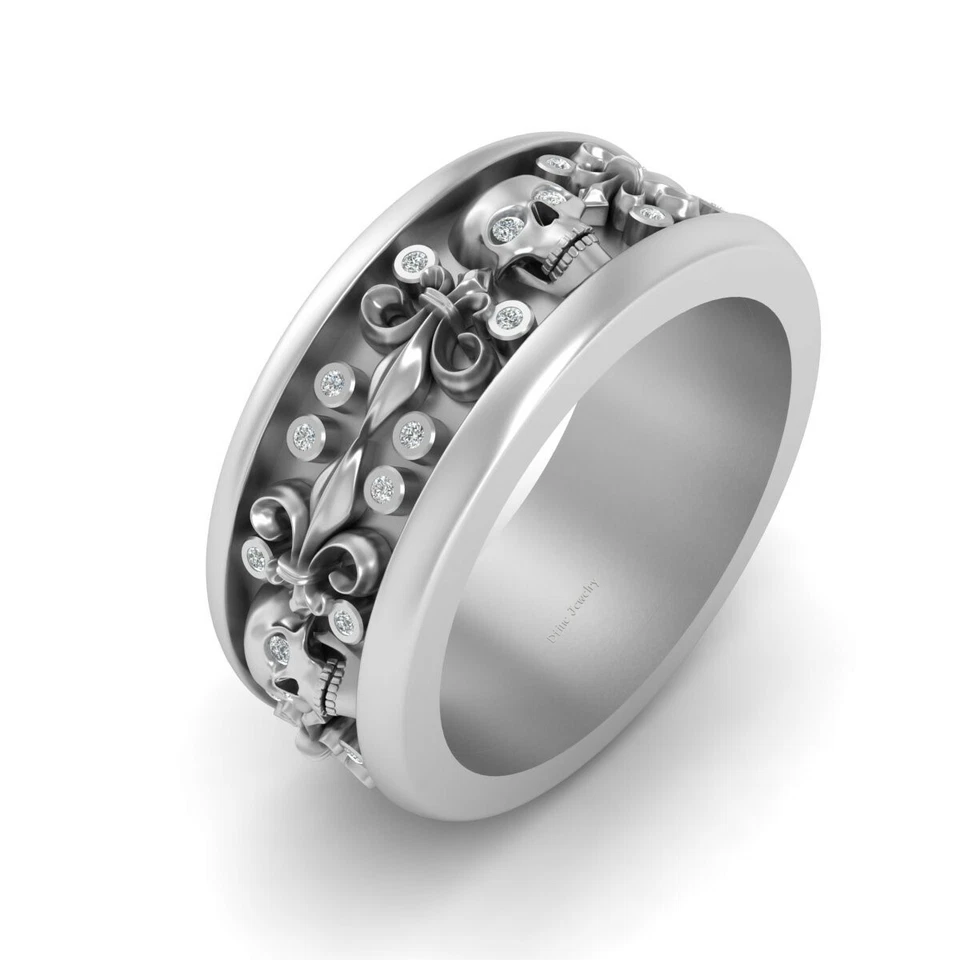 Simulated Diamond Fleur De Lis Skull Wedding Band Mens Silver Skull Ring For Men Foto 1 de 4