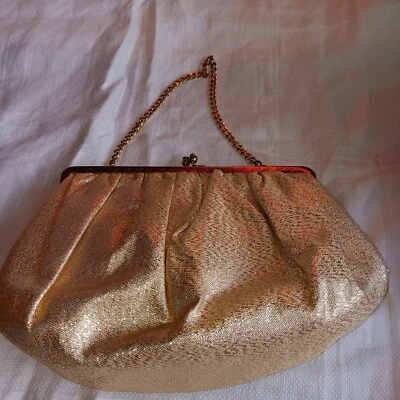 Bolso de mano After Five años 50 L&M dorado cojo con reloj. cadena monedero satinado EE. UU. DE COLECCIÓN Foto 1 de 4