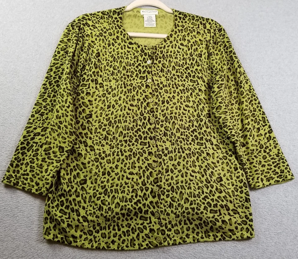 Cárdigan suéter blanco ciervo para mujer extra grande XL estampado de leopardo manga 3/4 elástico Foto 1 de 4