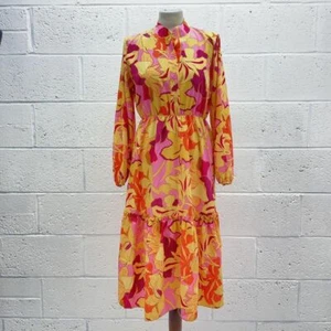 ESTEE BROWN PINK FLORAL MIDI DRESS YELLOW LONG SLEEVE TIERED FLARE WOVEN UK 10 - Picture 1 of 6