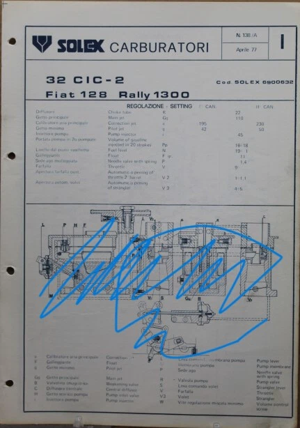 scheda carburatore solex 32 cic fiat 128 rally 1300 6900632 auto d'epoca - Immagine 1 di 1