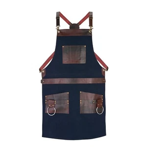Delantal de Lona Azul con Bolsillos de Cuero—2 Bolsillos Grandes, 3 Soportes Pequeños Barbacoa Chef - Imagen 1 de 3