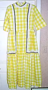 Civil War Yellow Plaid Dress 31" Waist Bonnet Hat Set Short Sleeve White Lace - Picture 1 of 12
