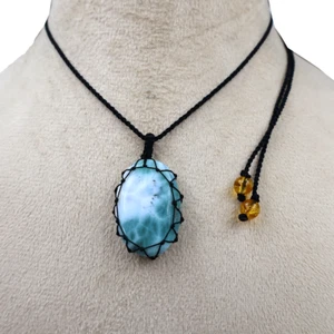 Collana artigianale naturale domenicano Larimar bellissima micro macramè pietre preziose - Foto 1 di 11