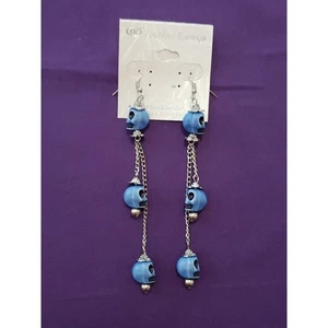 Blue Skull Long Dangle Earrings Halloween Bikercore Punkcore Rocker Goth Boho - Picture 1 of 5