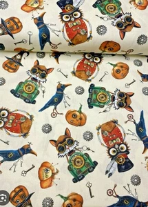 Steampunk Eulen Katzen & Krähen Halloween Print Stoff von Quilted Treasures, BTHY - Bild 1 von 5
