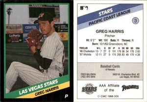 Greg Harris 1988 CMC Las Vegas Stars #3 RC Card Las Vegas Stars - Picture 1 of 1