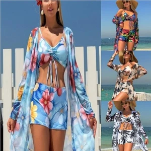 Women's Bikini Set Padded Swimwear 3-piece set Long Sleeve High Waist - Picture 1 of 24