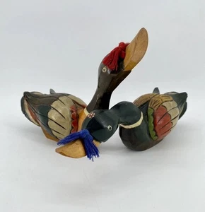 Lot 2 Vintage Japanese Hand Carved & Painted Wood Decoy Mallard Ducks Decor - Picture 1 of 20