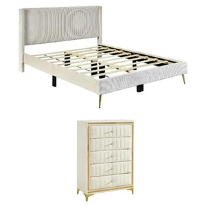 Home Square 2-Piece Set with Platform Full Bed & 5 Drawer Chest in Cream - Picture 1 of 16