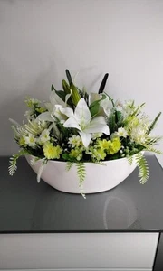 Tischgesteck Blumengesteck Kunstgesteck Schale Lilien Weiß 40cm Breit 35cm Hoch - Bild 1 von 6