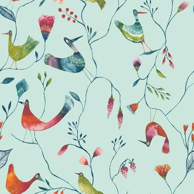 Wachstuchtischdecke PVC  "Birds" mint rot grün bunte Vögel 1,4m Br. Meterware - Bild 1 von 3
