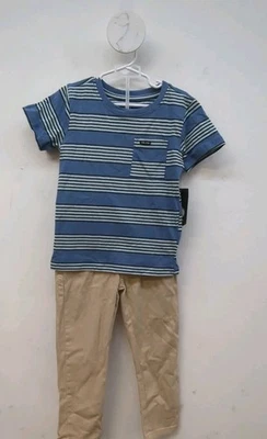 Volcom Short Sleeve Striped T Shirt & Pants Boys 2Pcs Set 4T Blueberries & Khaki - Image 1 of 4