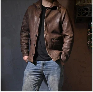 Herren Vintage gewachste braune Motorradjacke Freizeit Biker Lederjacke Mantel - Bild 1 von 4
