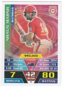 SHAUN MARSH 2016 Topps Attax Cricket #13 ✵ KINGS XI PUNJAB ✵ AUSTRALIA - Picture 1 of 1