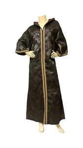 Vintage Hooded Kaftan Black On Black Pompom On Hoodie Angled Sleeves M Shiny - Picture 1 of 18