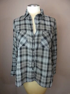 Enza Costa Women's 2 Plaid Hi Low Top Button Up Cotton Distressed Grey Black - Picture 1 of 11