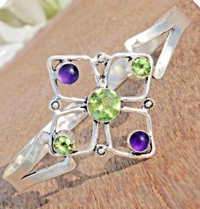 Peridot Cut & Amethyst Gemstone 925 Sterling Silver Bangle Cuff Special Day Gift - Picture 1 of 9