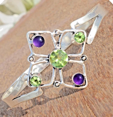 Peridot Cut & Amethyst Gemstone 925 Sterling Silver Bangle Cuff Special Day Gift - Image 1 of 4