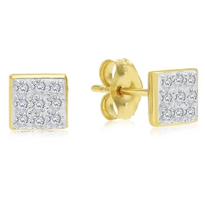 14K Solid Gold .15ctw Natural Pave Diamond Square Small Mini Stud Earrings - Picture 1 of 7