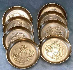Vtg 8 pc Neocraft By Everlast Gold Anodized Alum Dish Morning Glory Design 3" - Picture 1 of 8