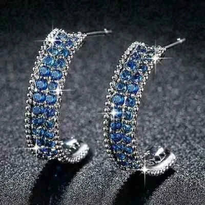 Deal 2Ct Round Cut Lab-Created Sapphire Women Hoop Earring 14K White Gold Plated - Image 1 of 2