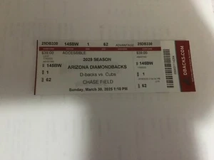 3/30/25 Diamondbacks vs Cubs NrMt Ticket Ryne Nelson pitcher 1st Hit, RBI & Run - Picture 1 of 1