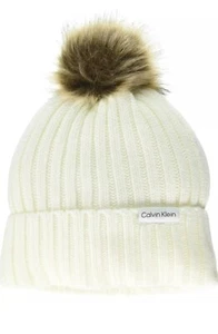 Gorro para mujer Calvin Klein cálido forrado de lana imitación piel pompón sombrero marfil nuevo con etiquetas  - Imagen 1 de 6