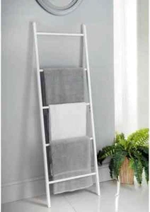Modern Tall Wooden Blanket Towel Ladder 5 Rungs Hooks Bathroom Rack Decor Shelf - Picture 1 of 6