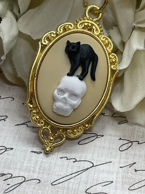 Collar camafeo oro negro gato calavera gótica corazón boda joyería regalo cumpleaños Foto 1 de 4
