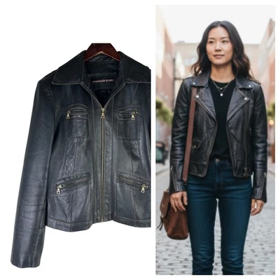 Abrigo Chaqueta de Cuero Charles Klein Moto Bomber Mujer Talla Grande Negro Cremallera Foto 1 de 4