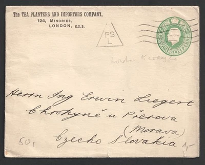 GB KGV Tea Planters Triangular Machine Cancel 1/2d Stationery to Czechoslovakia - Image 1 of 3