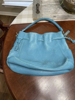 Cole Haan Denny Drawstring Pebbled Leather Shoulder Bag Bucket Hobo Turquoise - Image 1 of 4