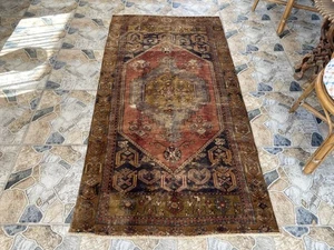 Vintage Türkischer Oushak Teppich 3,3x6,2 Fuß Handgeknüpft Wolle Vorleger Boho Dekor - Bild 1 von 13