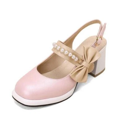 Womens Mary Janes Bowknot Round Toe Sandal Block Heels Sweet Pearls Decor Shoes  - Image 1 of 4