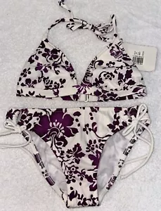 NWT Roxy Swimsuit 2pc Bikini Set Sz S Low Bottom Purple Floral Tri Bra Hook Back - Picture 1 of 7