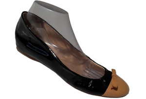 J. CREW Made in  Italy  Black Tan Patent Leather Cap Toe Ballet Flat Shoes Sz 10