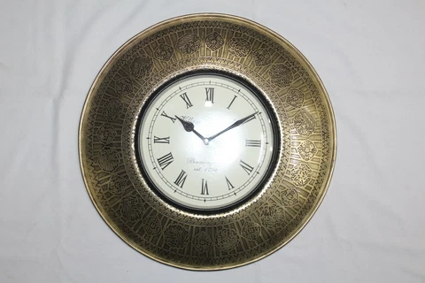 Hand engraved design steel shield dhal wall hanging clock yellow C 523 Cover