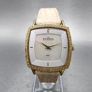 Skagen Watch Women 28mm MOP Dial Gold Tone Crystal Bezel Square New Battery - Picture 1 of 11
